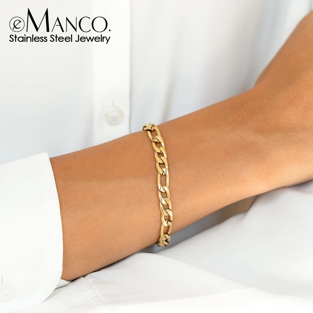 eManco 4/6/8MM Figaro Stainless Steel Link Chain Bracelet Gold Color Charm Brac image 3