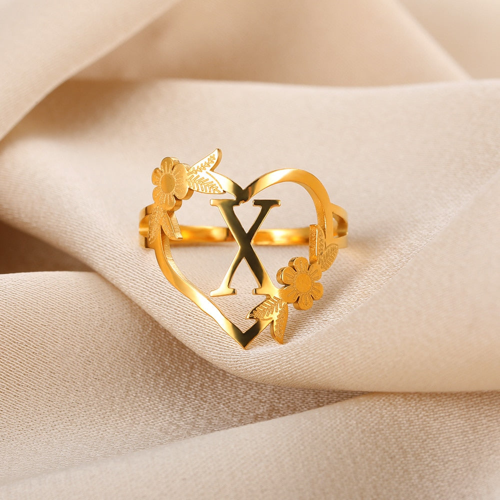 Stainless Steel Initials Flower Heart Rings Gold Color Adjustable Delicate Lett image 29