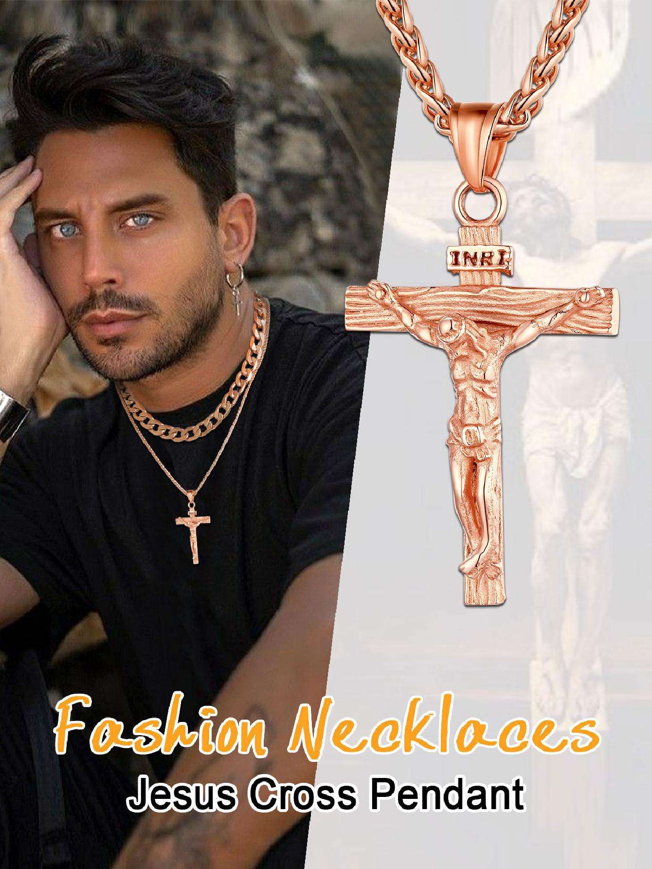 U7 Men INRI Cross Pendant Baptism Christian Jewelry Stainless Steel/Gold/Black/ image 1