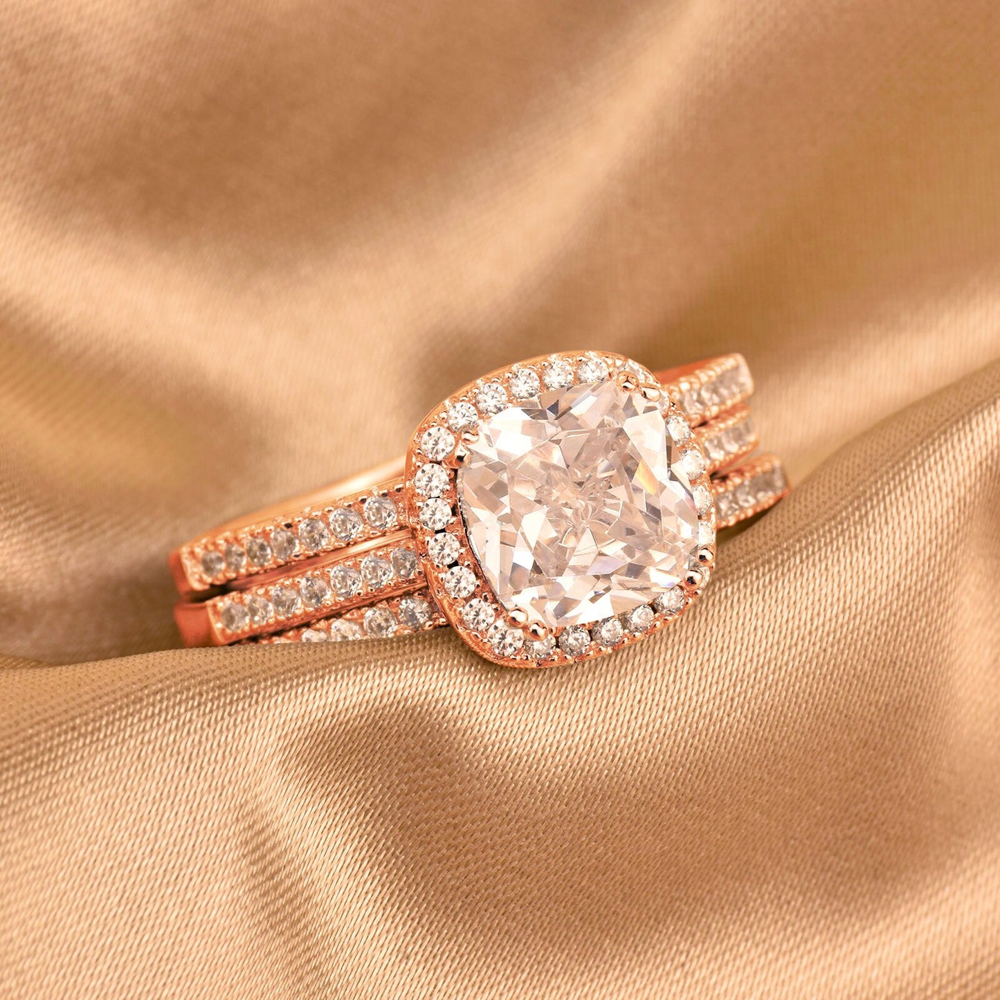 Newshe Rose Yellow Gold Halo Cushion AAAAA CZ Engagement Rings Set image 5