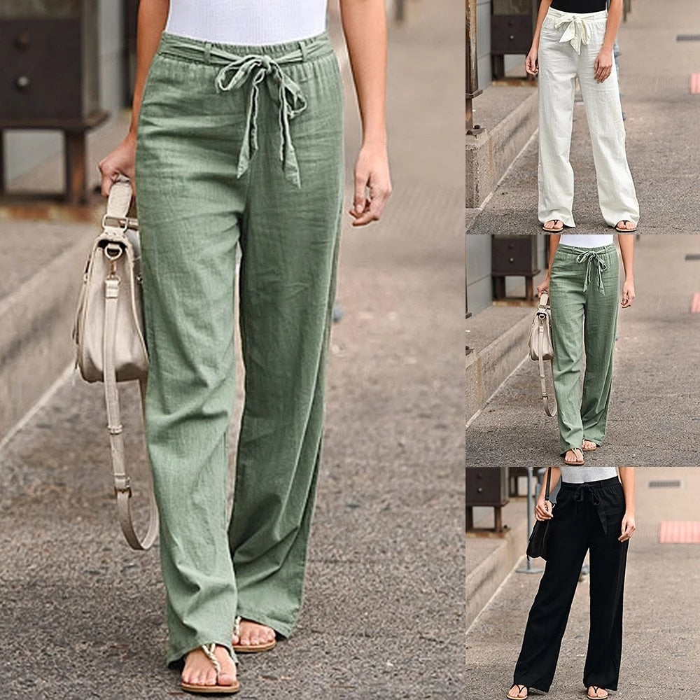 Women Cotton Linen Pants 2023 Summer Fashion Elastic Waist Loose Straight Pants image 2