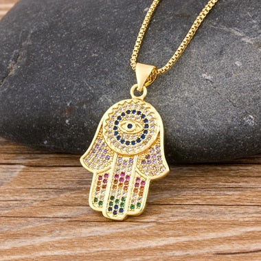 Hot Sale Women Men Hamsa Hand Necklace Gold Color Copper Zircon Evil Eye image 2