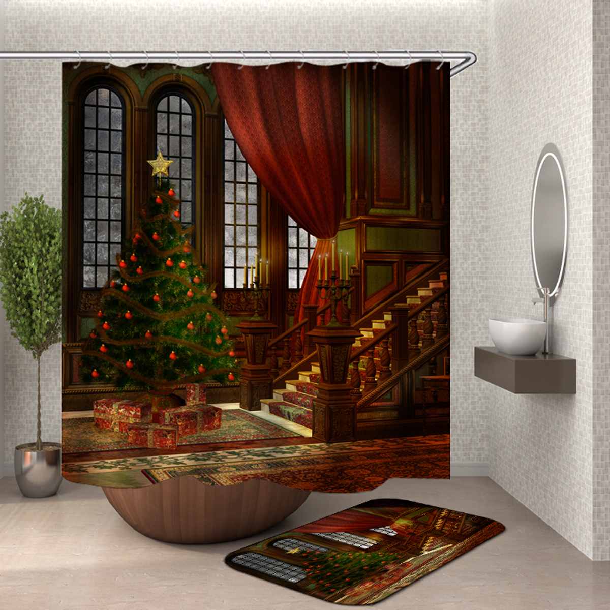 Merry Christmas Bathroom set Christmas Tree Pattern Waterproof Shower Curtain T image 3