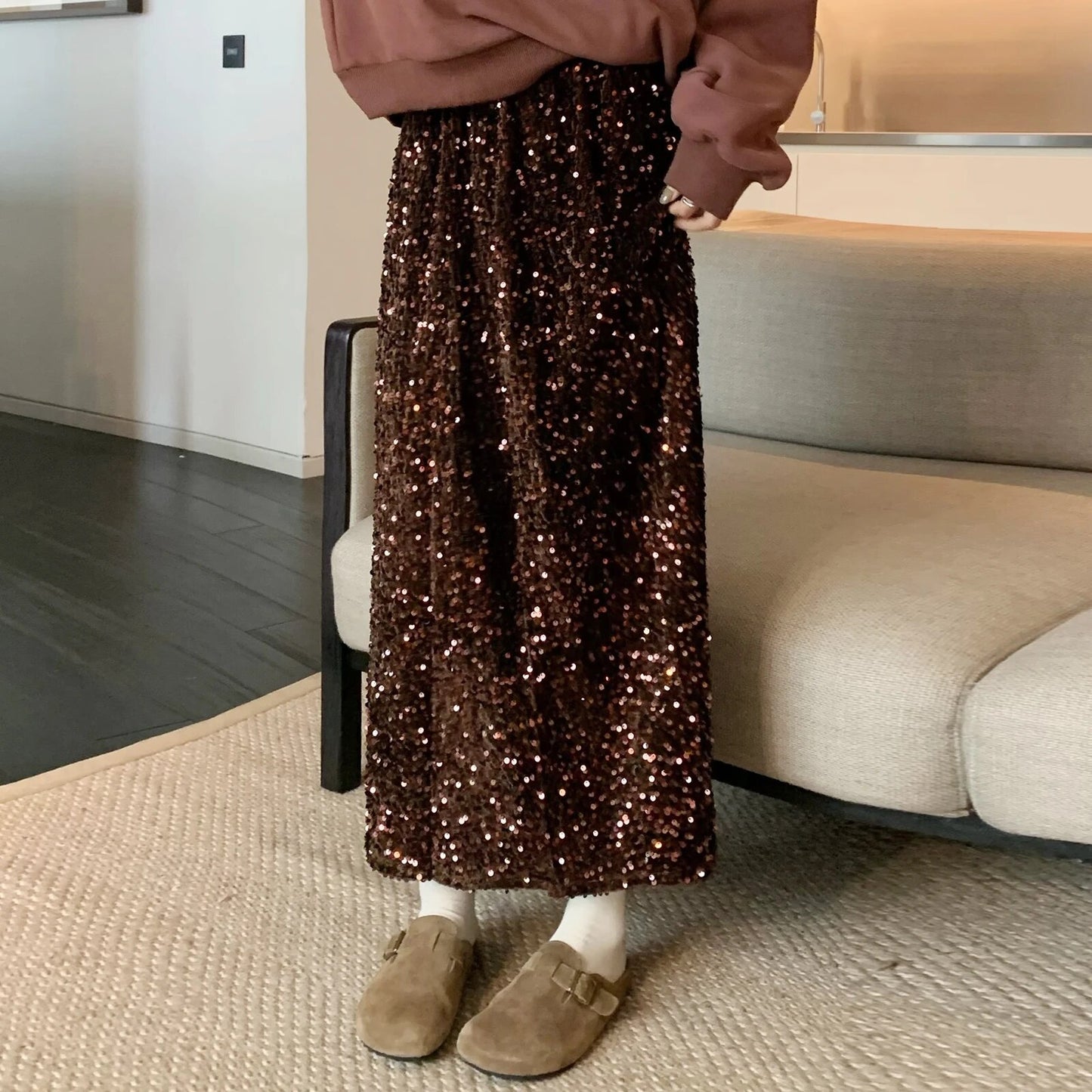 Women Elegant Shiny Sequined Long Skirt Summer Fall Elastic Waist Casual Skirts image 7