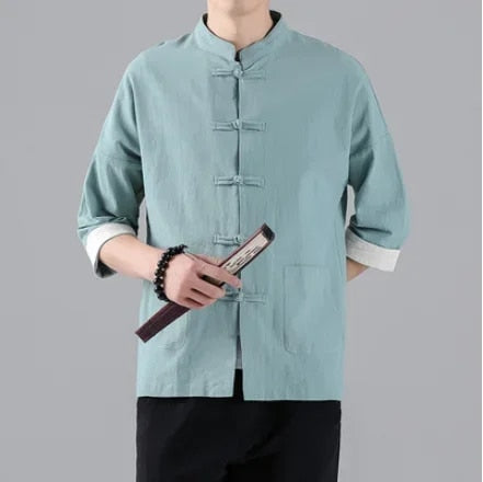 2022 New Chinese Style Mens Tops Tang Suit Linen Half Sleeve Solid Traditional image 1