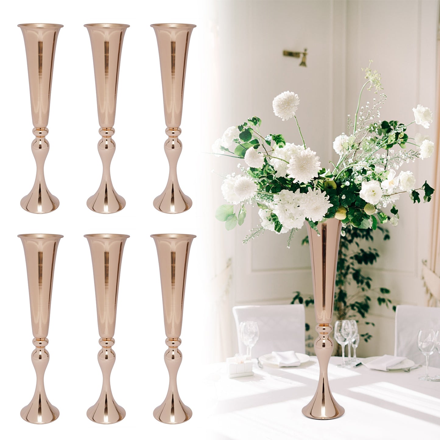 6Pcs Metal Trumpet Vases Desktop Metal Large and Tall Vases Flower Holder Gold image 5