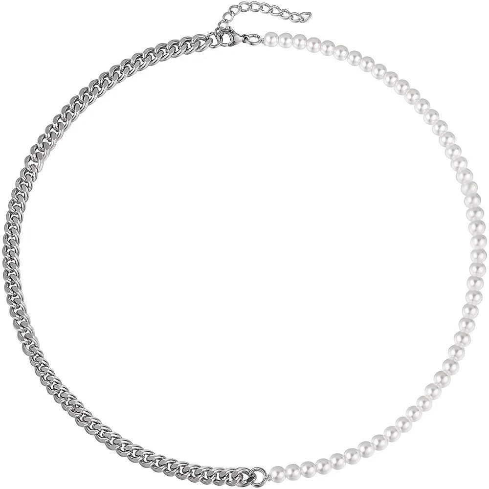 Half Pearl Half Chain Necklace Men Women Silver Gold Color Cuban Link Stainless image 4