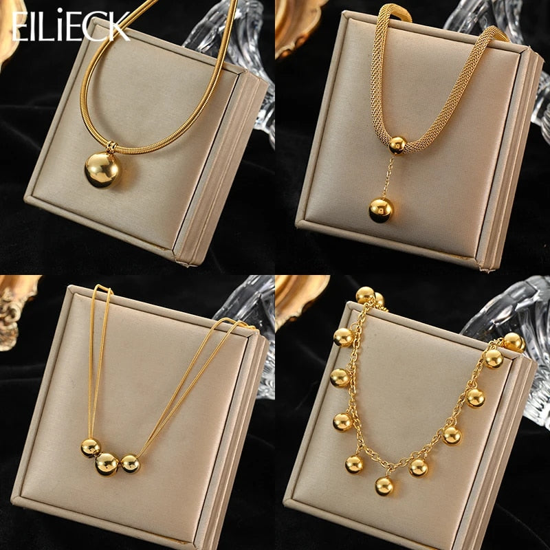 EILIECK 316L Stainless Steel Gold Color Hollow Ball Beads Pendant Necklace For image 1