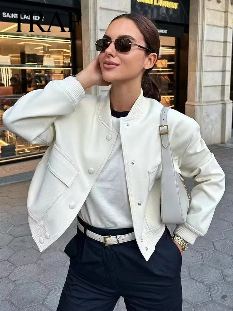 TRAF Vintage Solid Long Sleeve Bomber Jacket Spring Women Casual Coats Streetwe image 0