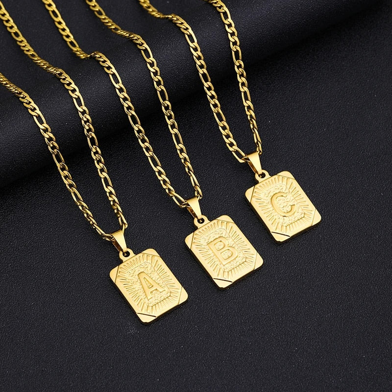 Initial Letter Pendant Necklace Stainless Steel Golden Cuban Chain A-Z Alphabet image 1