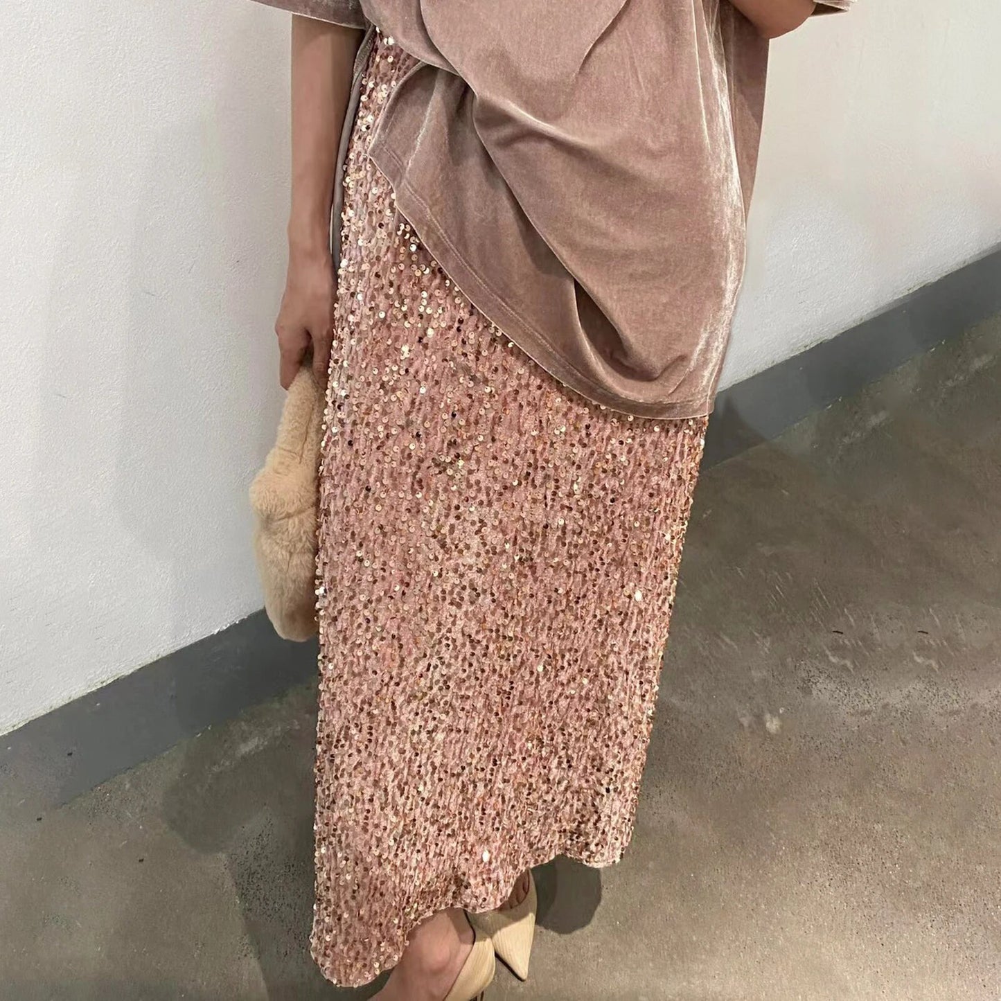 Women Elegant Shiny Sequined Long Skirt Summer Fall Elastic Waist Casual Skirts image 1