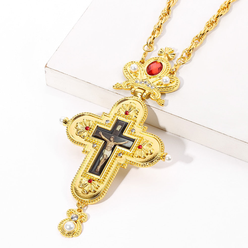 Gold Plated Pectoral Cross Christian Church Crown Necklace For Women Men image 7