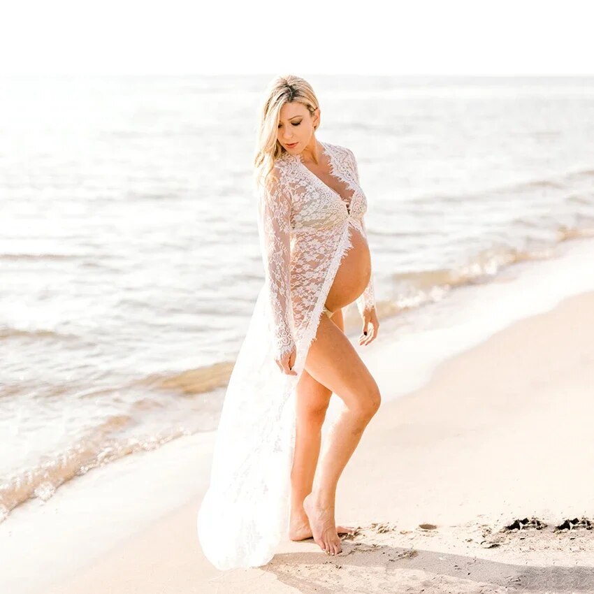 Women Front Split Long Maxi Maternity Lace Dress Pregnant Gown Photography Prop image 4