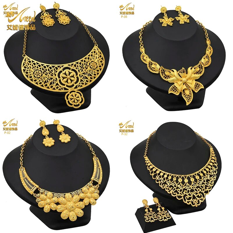 Indian Gold Plated Jewelry Set For Women African Bridal 24K Gold Color Necklace image 37