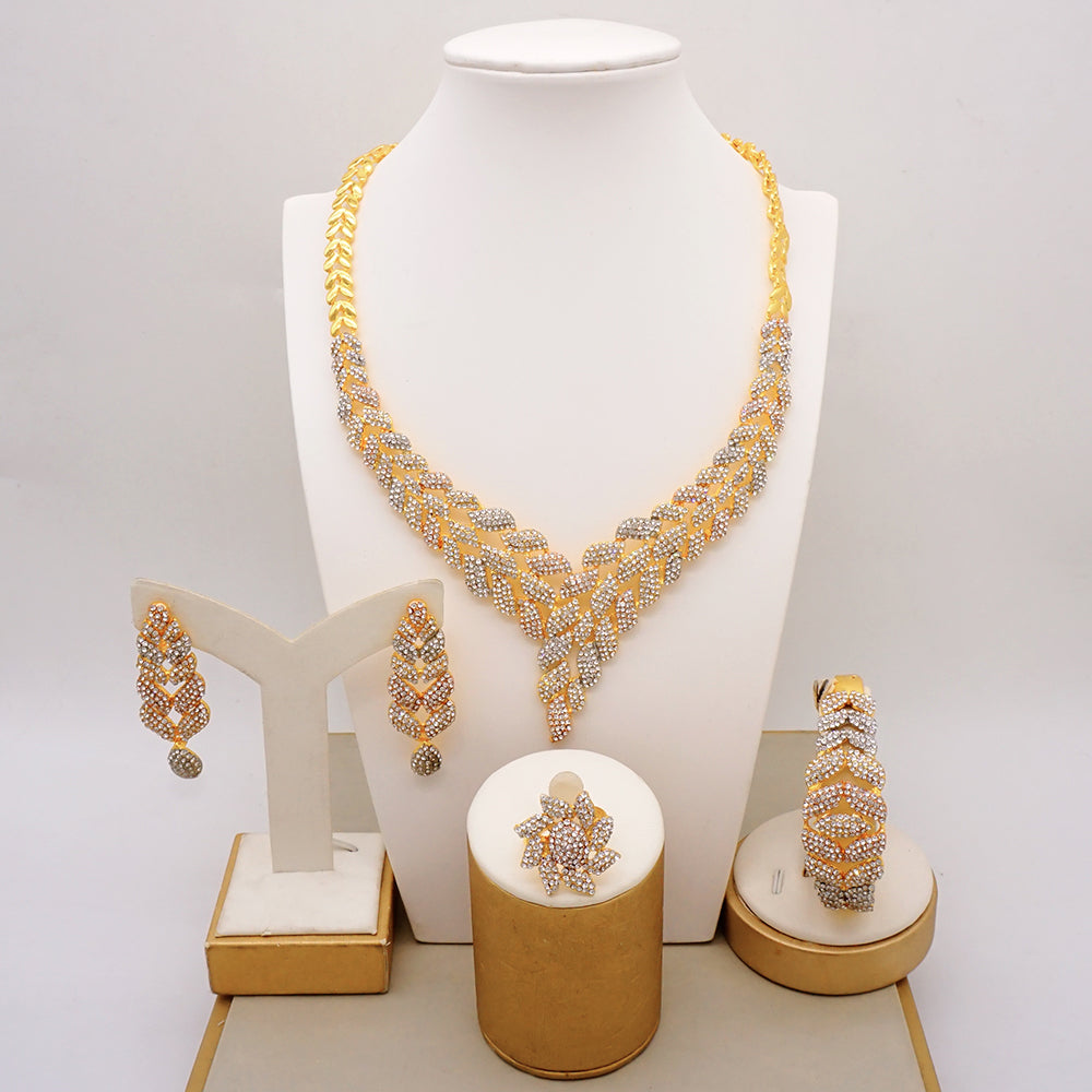 Latest Italian Dubai Gold Color Ladies Full Crystal Necklace Jewelry Set Simple image 7