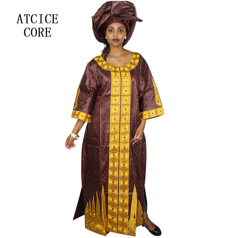 African Dresses For Woman Bazin Riche Embroidery Desing Long Dress With Scarf 2 image 0