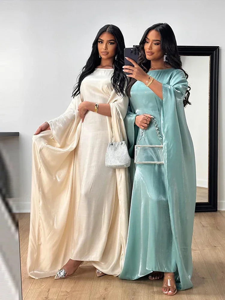 Fashion Glossy Gauze Muslim Kimono Abaya O-neck Maxi Robe Women 2024 Spring Sum image 7