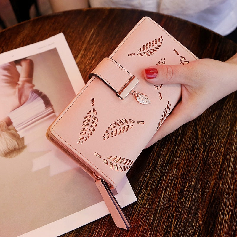 Fashion PU Leather Wallet Purse Women Long Wallet Gold Hollow Leaves Pouch Hand image 4