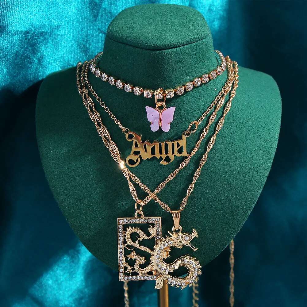 New Multi Layer Butterfly Dragon Charms Crystal Necklaces For Women Punk Golden image 9