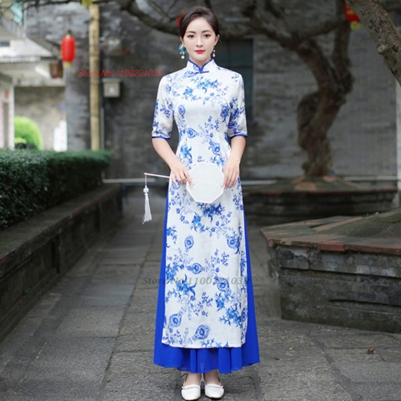 2024 vietnam aodai dress improved cheongsam qipao dress national flower print q image 3