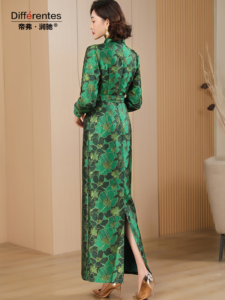Spring Autumn Long Dress for Women Pencil Dress A-line Green Floral Slit Straig image 2