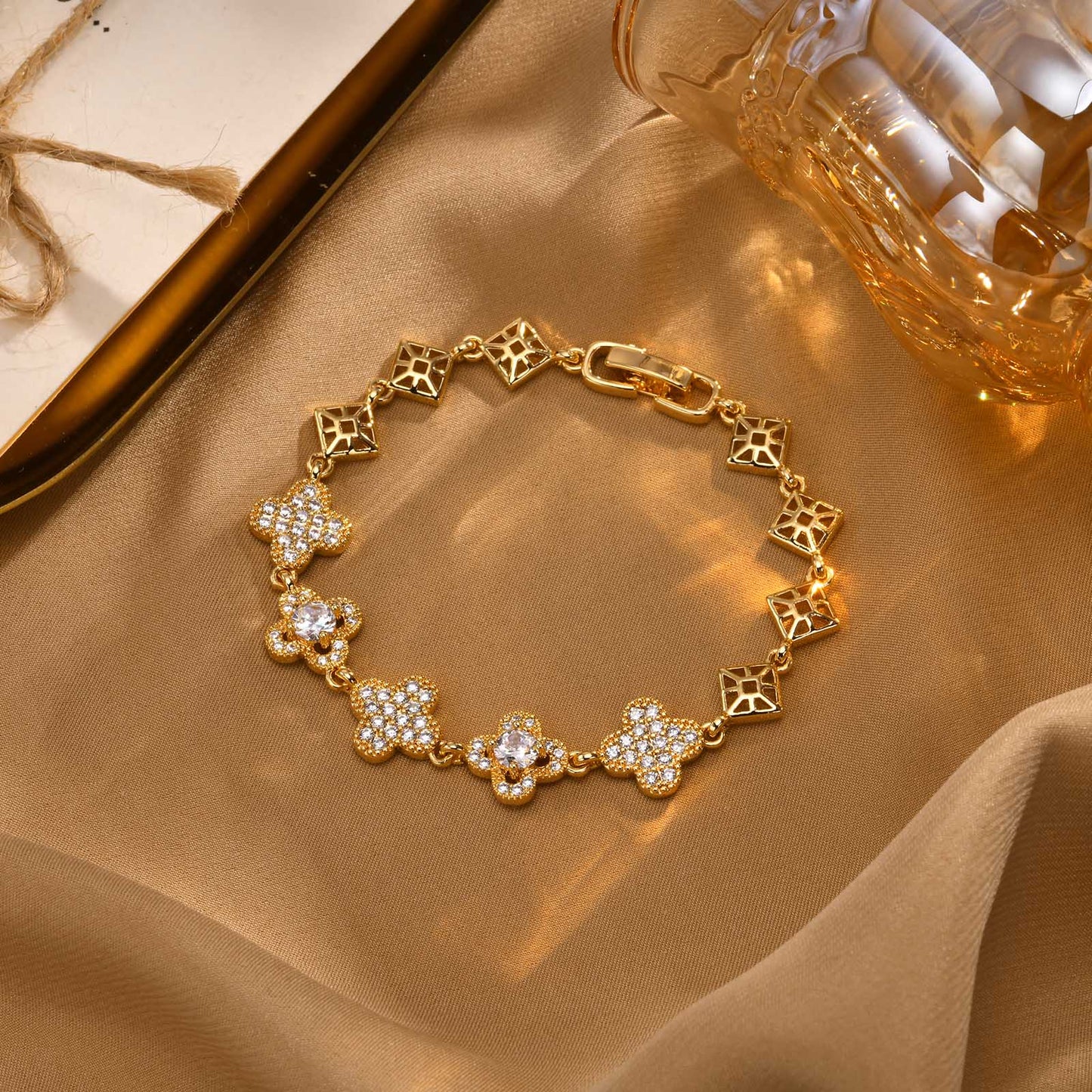Cubic Zirconia Clover Bracelet for Women18k Gold Plated Link Statement Jewelry image 23