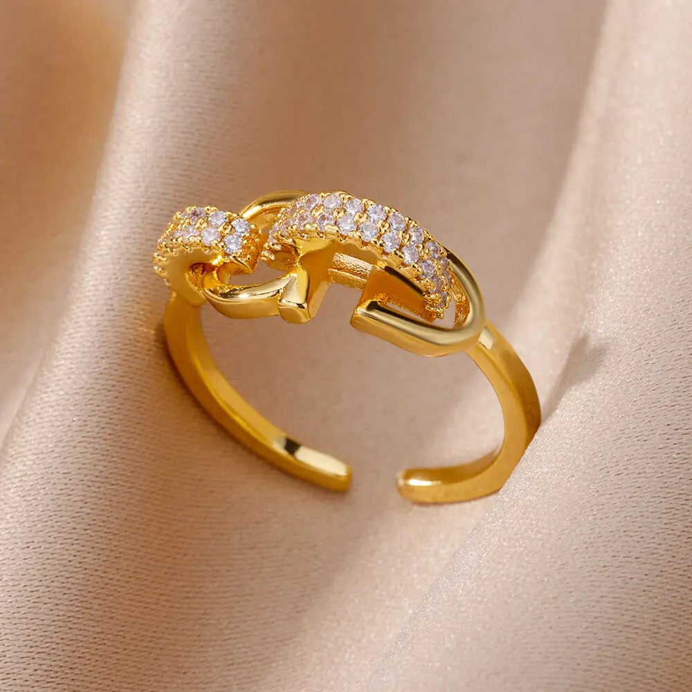 Fashion Gold Color Stainless Steel Rings For Women Chain Hollow Out Crystal Zir image 13