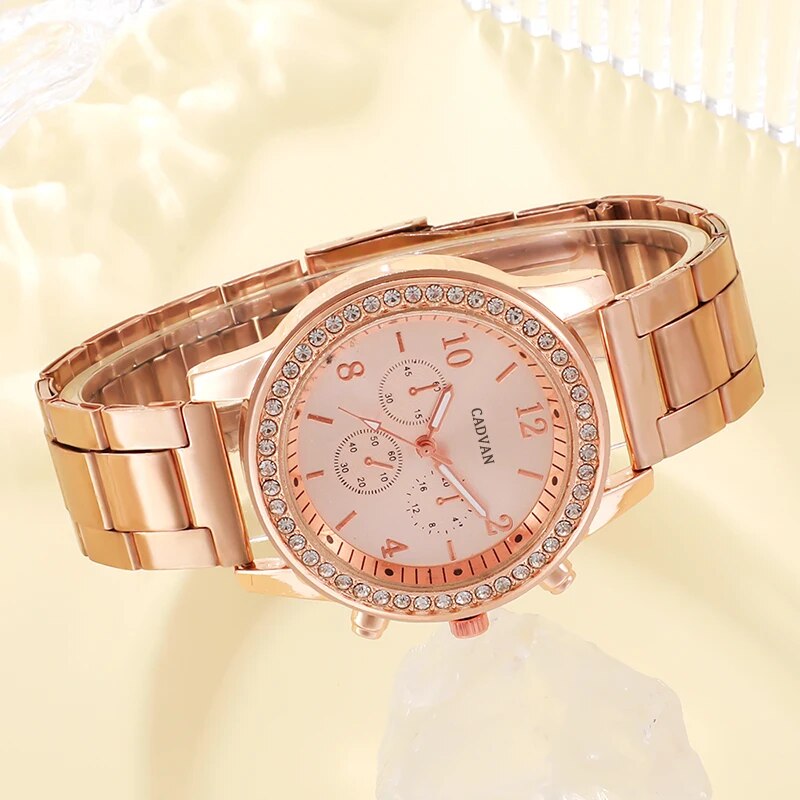 6PCS Set Rose Gold Luxury Watch Women Ring Necklace Earring Rhinestone Fashion image 7