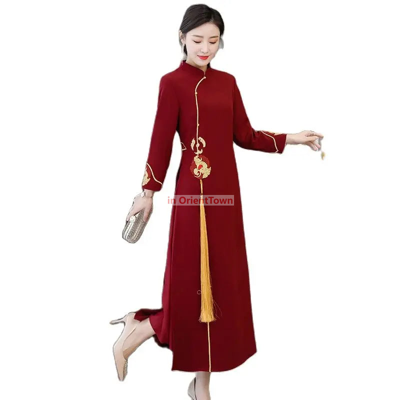 Asian Gown Women Dress Spring Autumn Full Sleeve Ladies Improved Cheongsam AO D image 7
