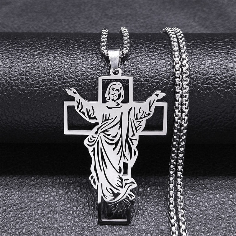 Jesus Cross Stainless Steel Pendant Necklace Gold Color Women/Men Religious image 1