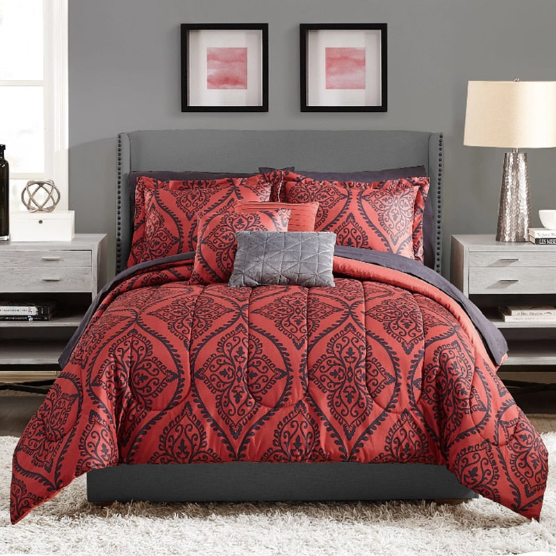 Mainstays Red and Black Damask 8 Piece Bed in a Bag Comforter Set with Sheets, image 1