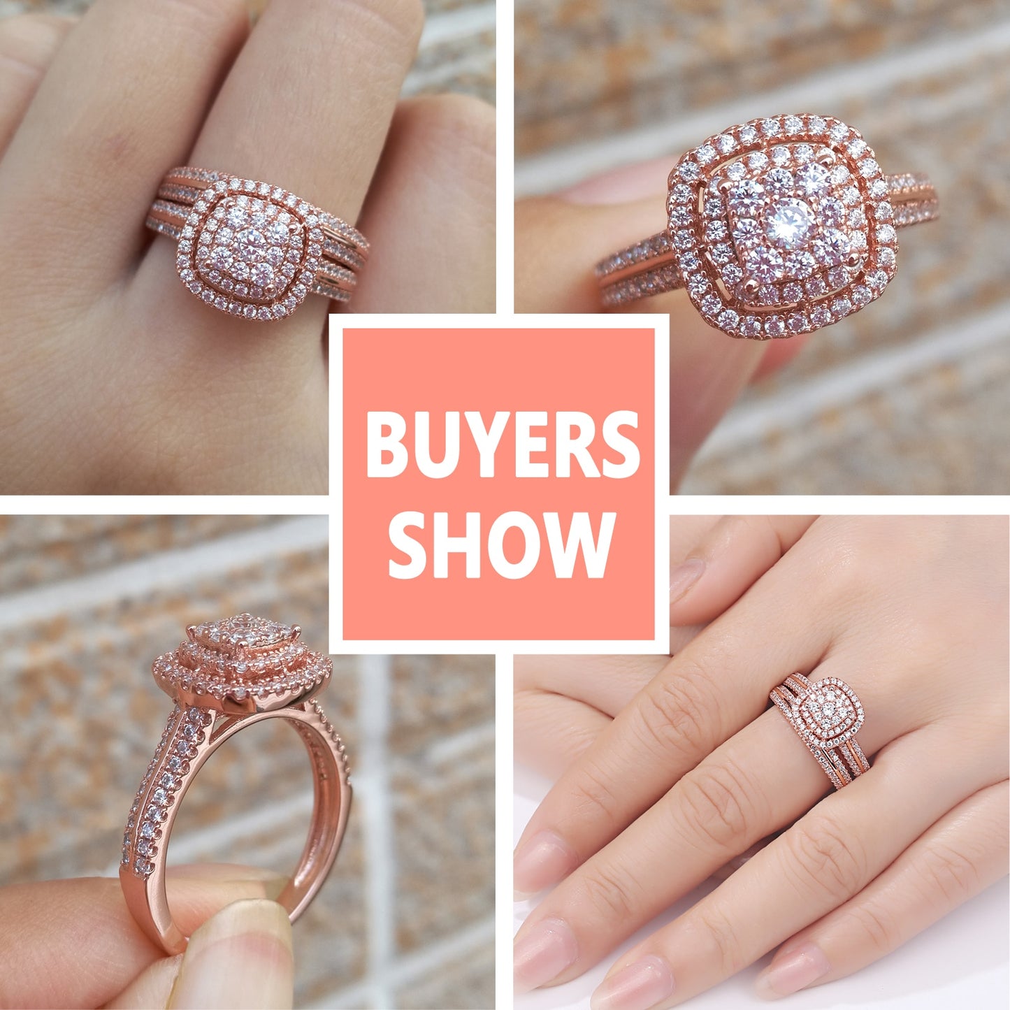Newshe Double Halo Rose Gold 925 Silver Engagement Ring Bridal Set for image 3