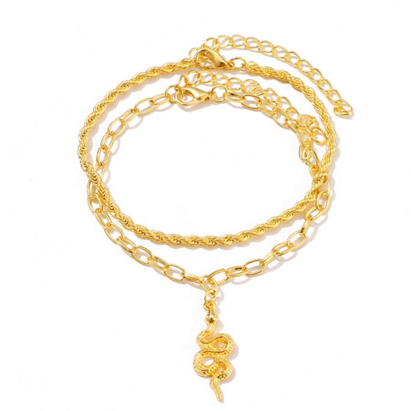 Simple Vintage Double Layered Anklets Snake Pendant Golden Anklet Personalized image 6