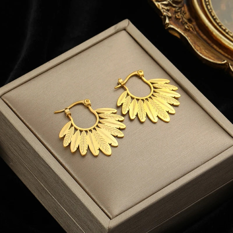 EILIECK 316L Stainless Steel Gold Color Fan Geometric Bohemian Drop Hoop Earrin image 0