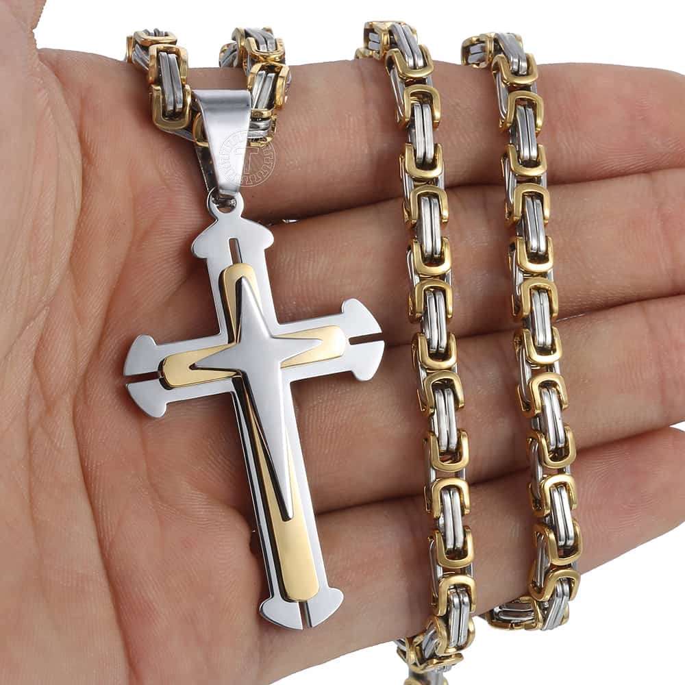 Men's Cross Necklace Gold Color Black Cross Pendant Stainless Steel Byzantine C image 9