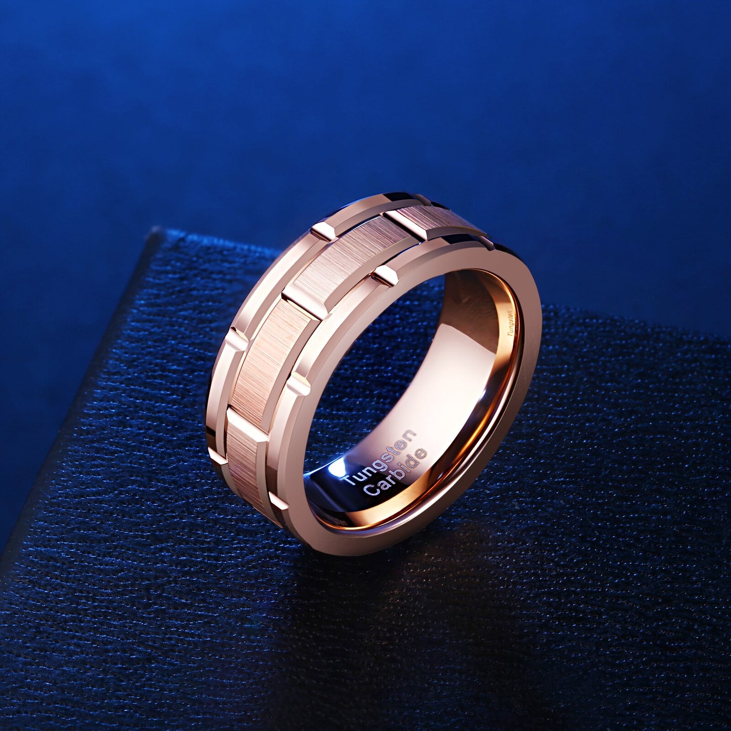 Newshe Men's Tungsten Carbide Ring 8mm Rose Gold Color Brick Pattern image 0