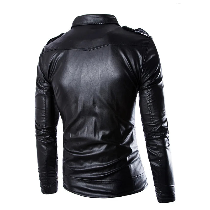 Fashion PU Leather Jacket Men Buckle Zip Lapel Collar British Black White Pun image 5