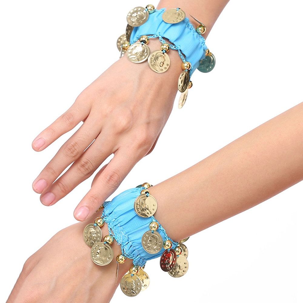 1 Pair Belly Dance Wrist Ankle Cuffs Bracelets Chiffon Gold Coin Belly Dance Co image 6
