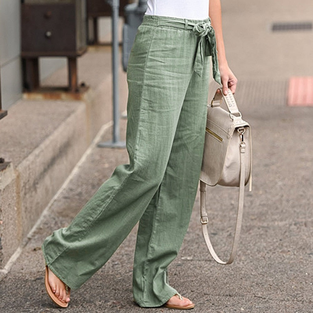 Women Cotton Linen Pants 2023 Summer Fashion Elastic Waist Loose Straight Pants image 8