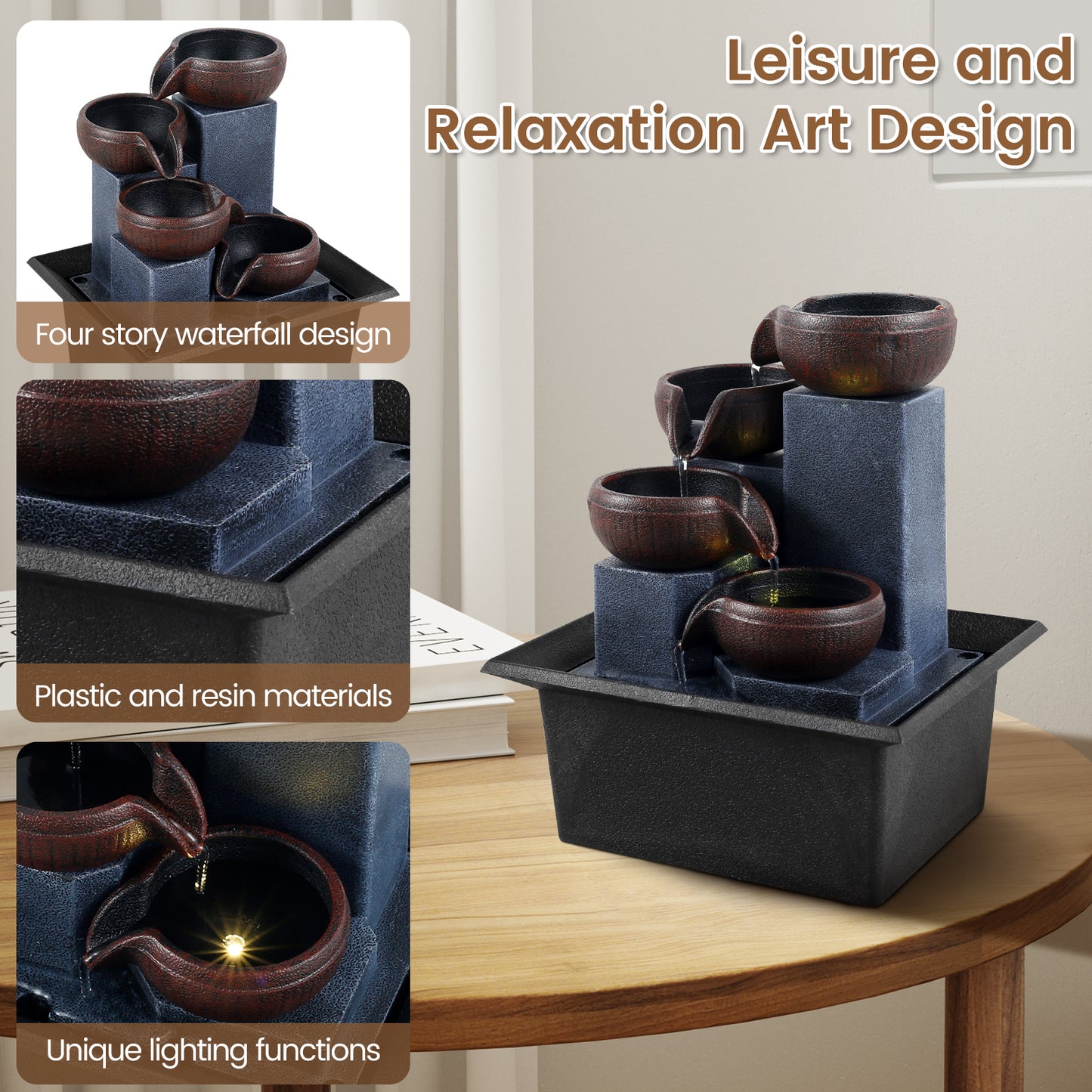Indoor Tabletop Water Fountain with LED Light 4-Level Desktop Waterfall Fountai image 5