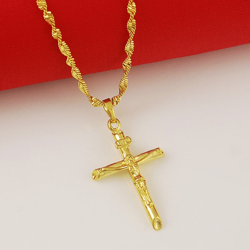 Real 24K Gold Color Cross Pendant & Necklace For Men/Women Gold Chain image 4