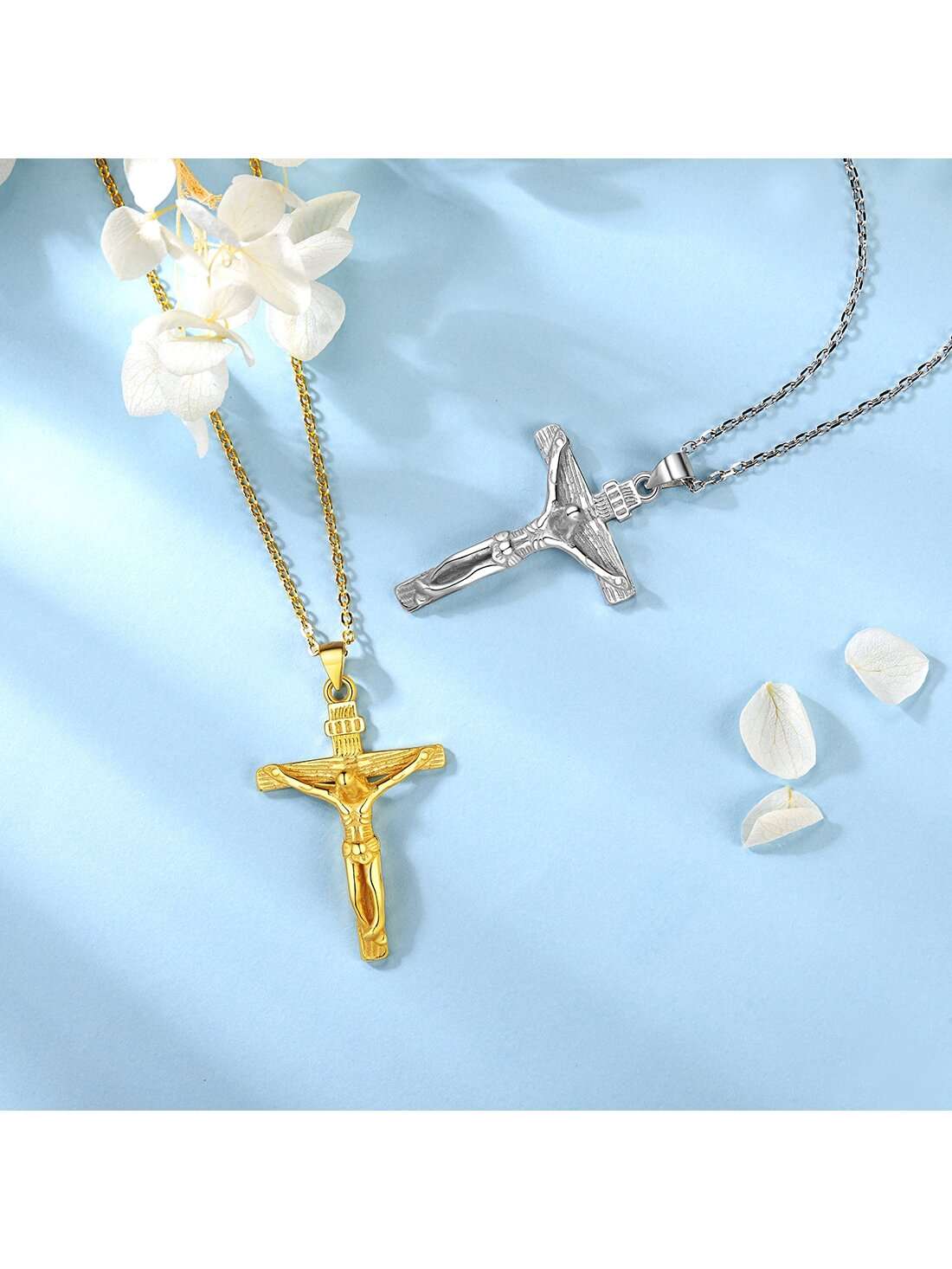 U7 Women Girls Jesus Necklace 925 Sterling Silver Gold Color INRI Cross Pendant image 1