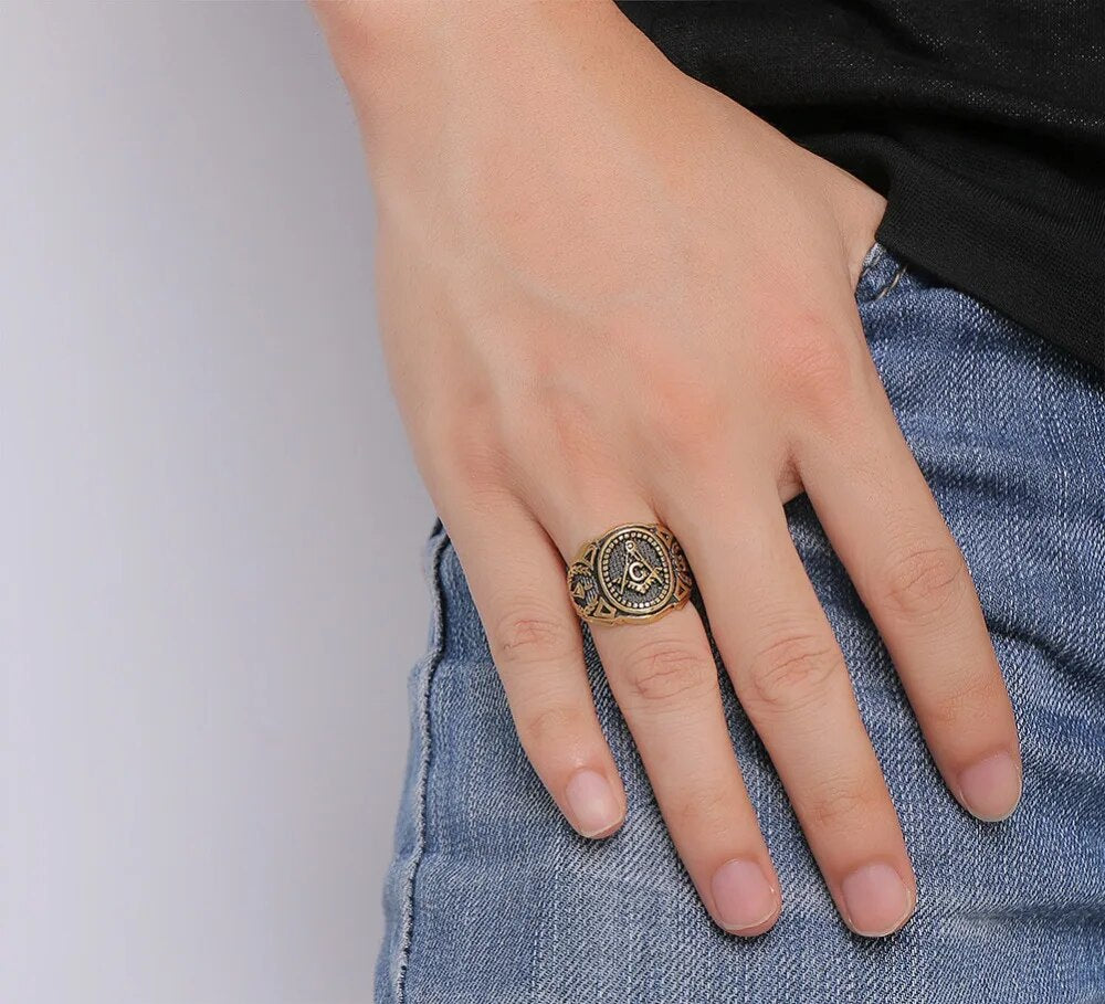Punk New Men's Stainless Steel Masonic MASON Gold Color Tone Biker Ring Size 8- image 8