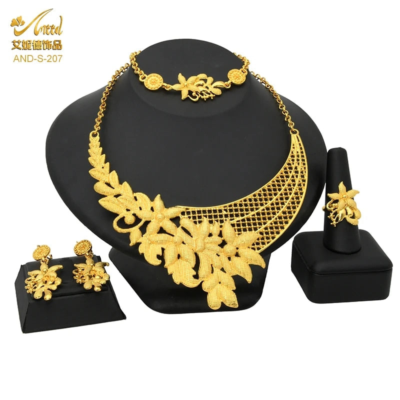 Indian Gold Plated Jewelry Set For Women African Bridal 24K Gold Color Necklace image 17