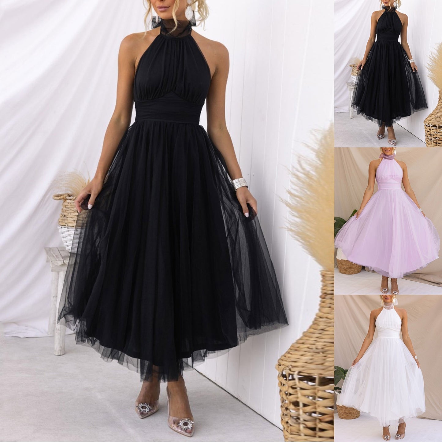 Sexy Halter Holiday Party Dress Women Off Shoulder Mesh Backless Pleated Dress image 0