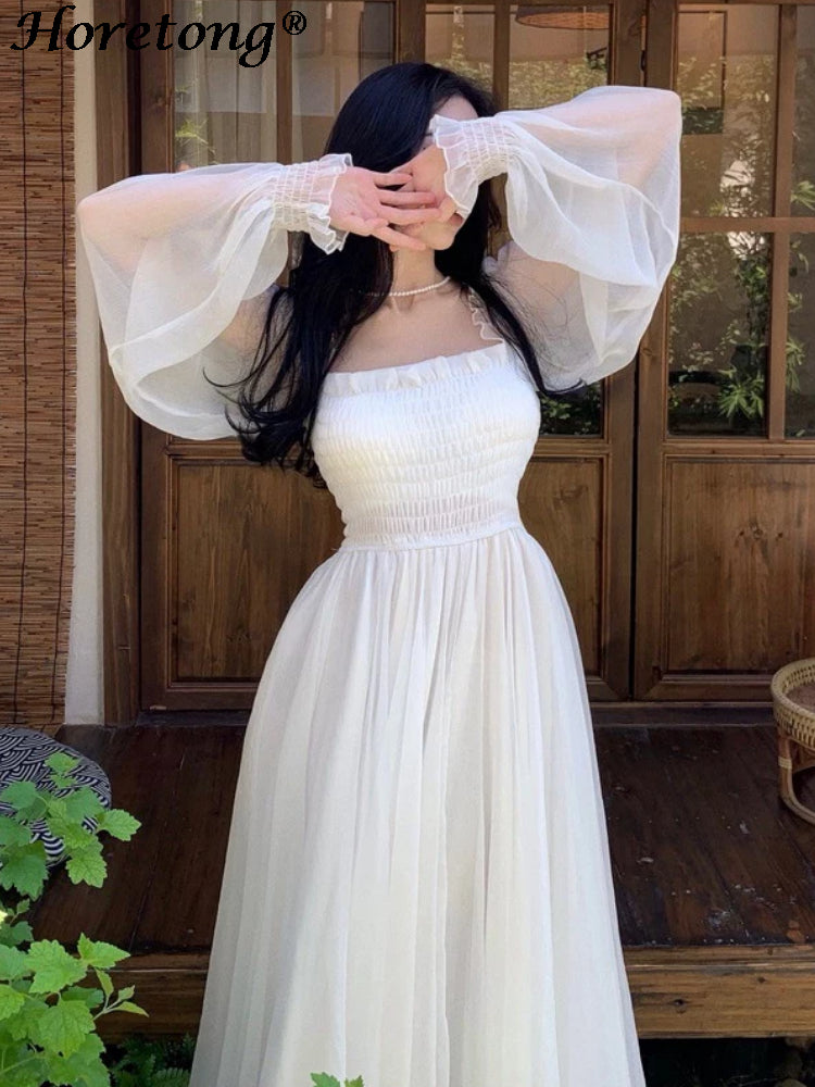 Horetong Elegant Maxi Dresses For Women White Off Shoulder Puff Long Sleeve Ela image 5