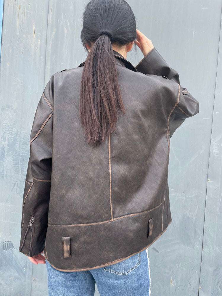 RR2478 Streetwear Worn Effect Bike Leather Jackets For Women Oversized Boyfrien image 5
