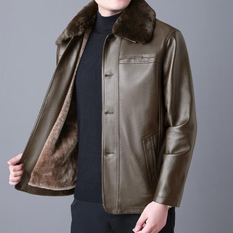 Winter Fur Collar Leather Jacket Men's Button Pu Leather Men Large Size Loose P image 1