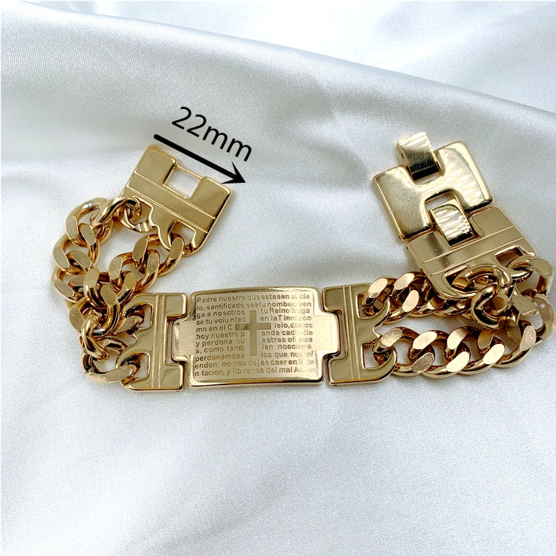 Mens Stainless Steel Bracelet Gold Color Cuban Chain Jesus Cross Bracelet Man image 6