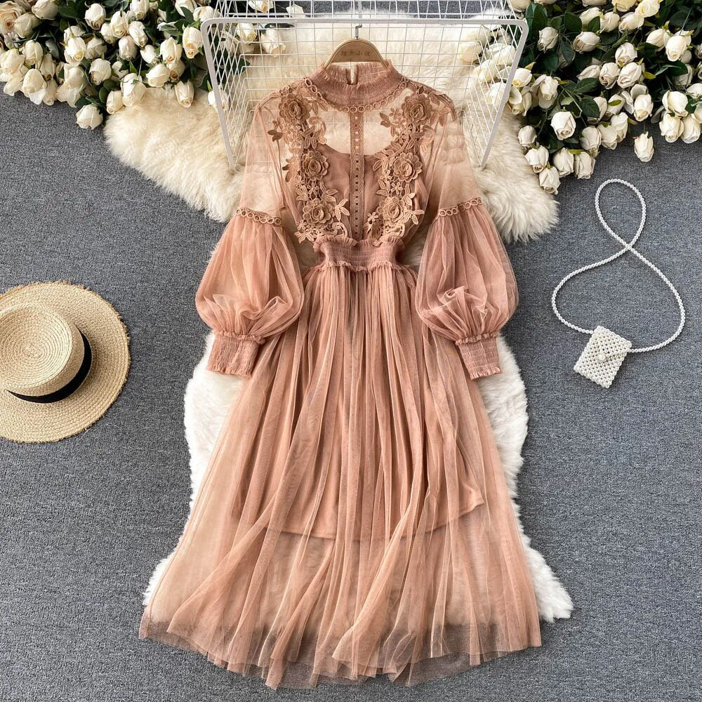 Women Evening Dress Three-dimensional Decoration Floral Mesh Stand Collar Lante image 3
